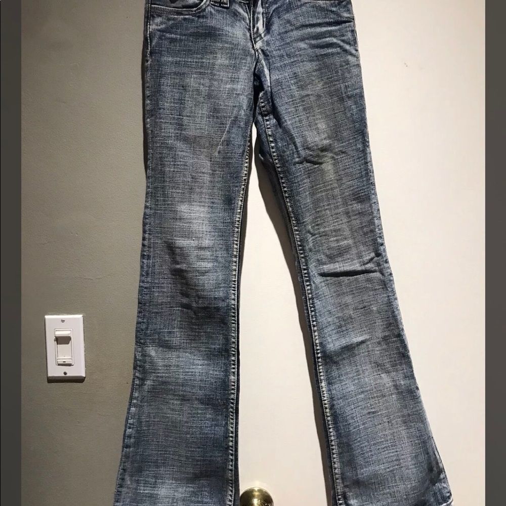 NWOT Dollhouse wide leg  embroidery distressed fit&flare denim blue jeans 0x32 - Picture 3 of 3